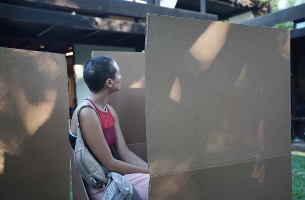 Cardboard structure in Schindler patio